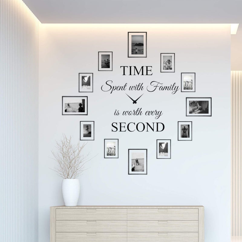 World of Wall Decal Time Spent with Family is Worth Every Second Wall Decal Decor Clock Family Quote Saying Vinyl Wall Art DIY The Photo Frames are not Included (22Wx22L) Matte Black - Image 1